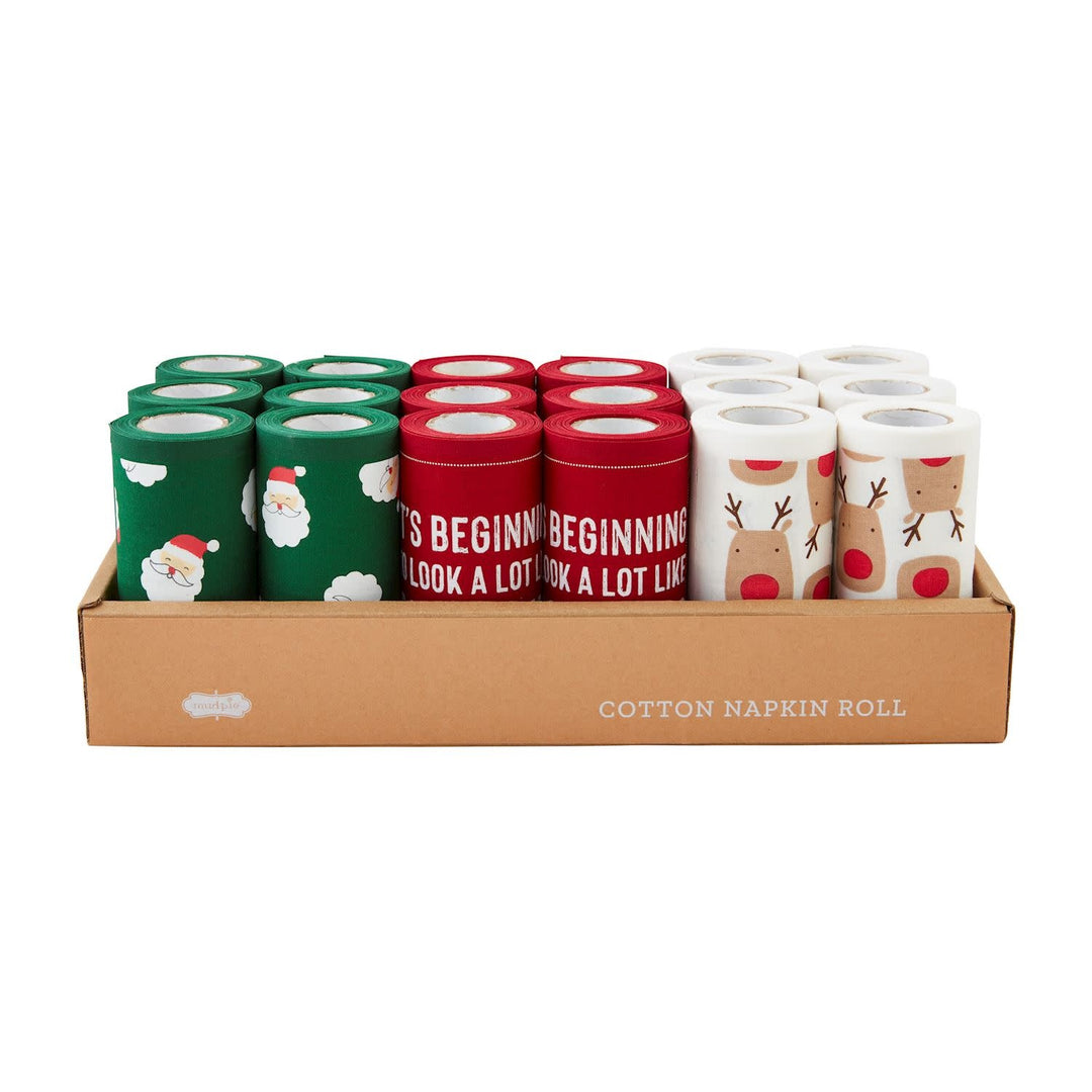 Kraft paper roll holding Christmas-themed cotton napkins with festive patterns.