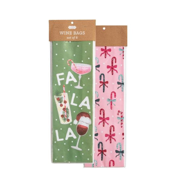 Set of six festive red paper wine bags with white snowflake patterns.