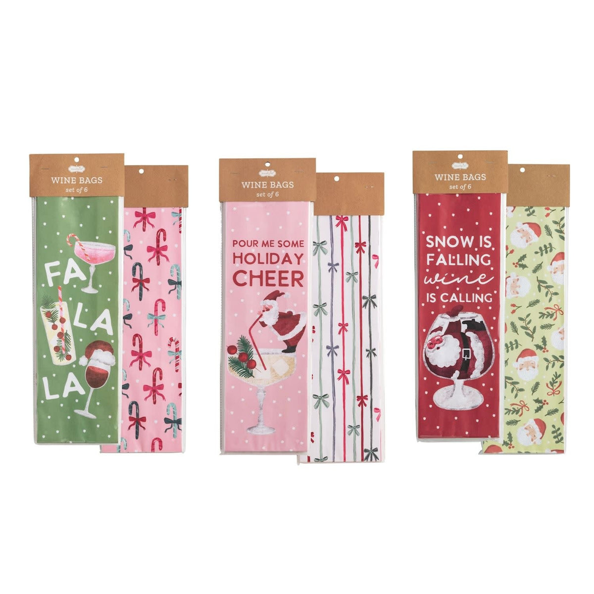 Set of six festive red paper wine bags with white snowflake patterns.
