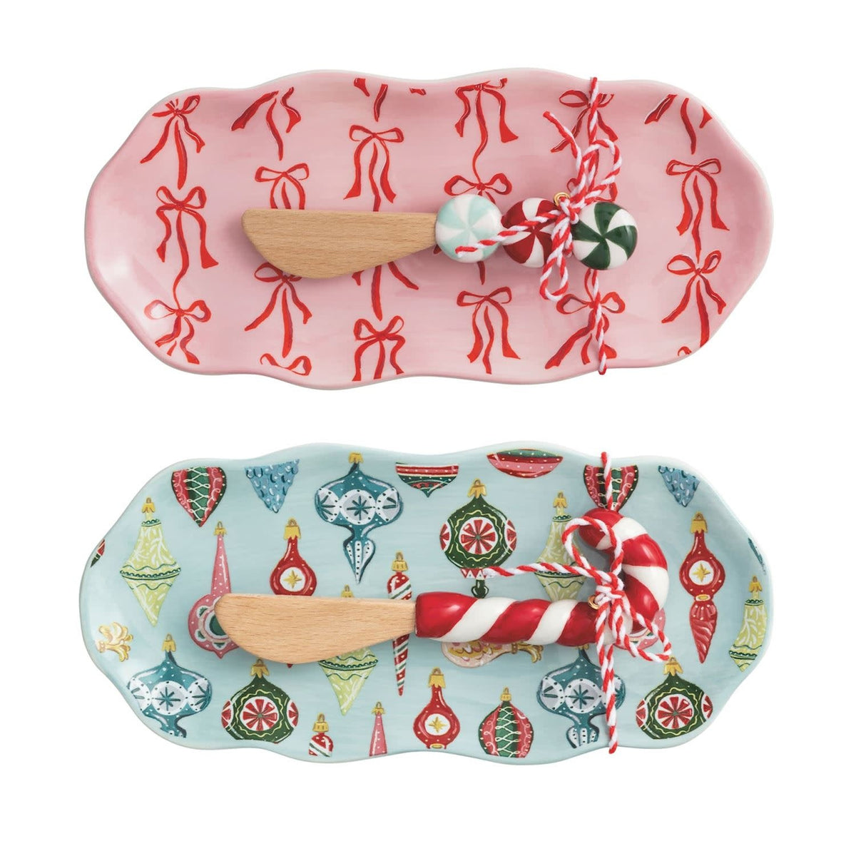 Ceramic Christmas-patterned everything dish with wooden spreader featuring hand-painted ceramic handle