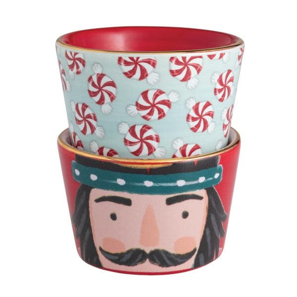 Set of two hand-painted ceramic tidbit dishes featuring a festive Christmas peppermint pattern.