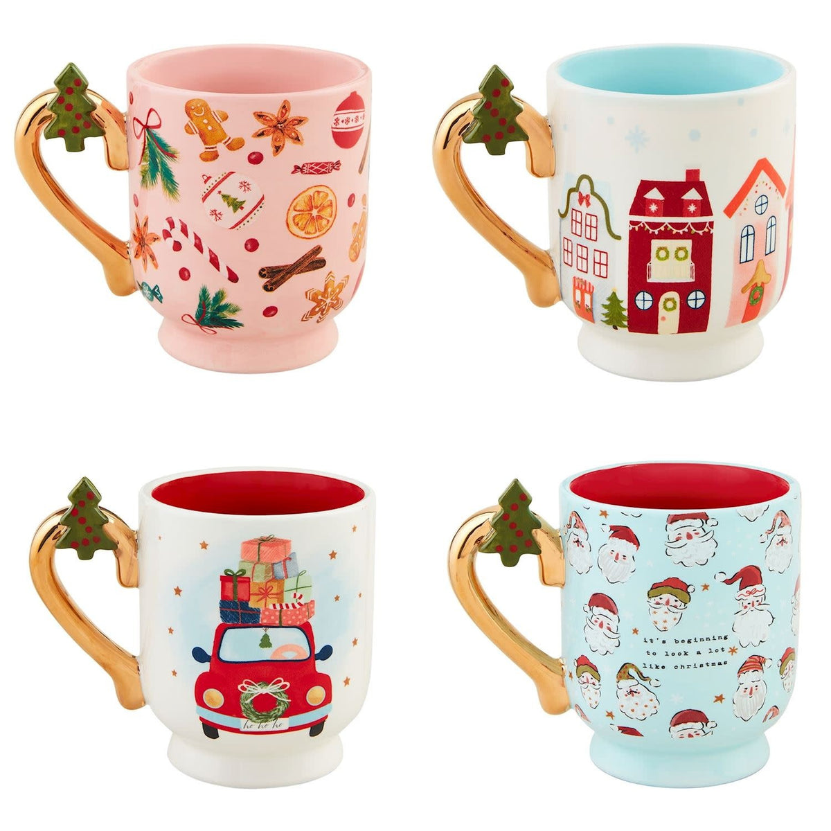 Ceramic pedestal mug with hand-painted handle featuring a red Christmas pattern.