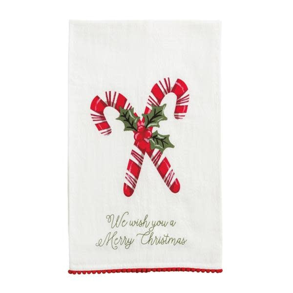 Candy cane cotton hand towel with snowglobe print and red pom trim