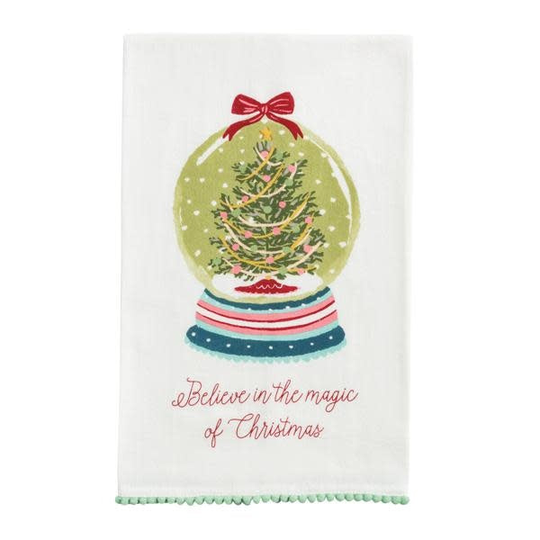 Cotton hand towel with snowglobe print and red mini pom trim