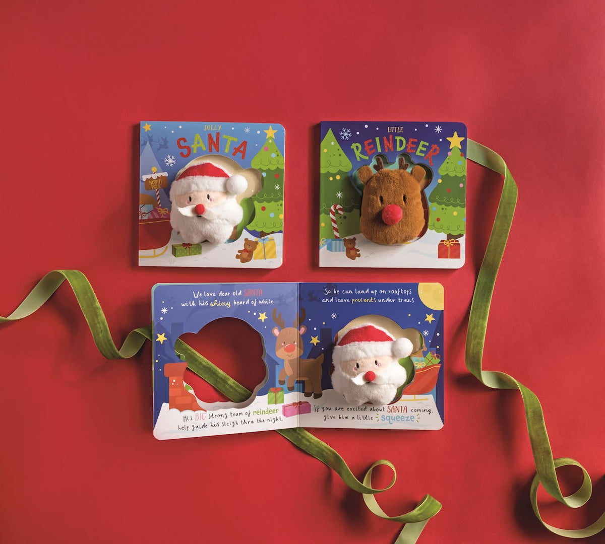 Square faux fur Christmas book with a squeakable plush Santa character on the cover.