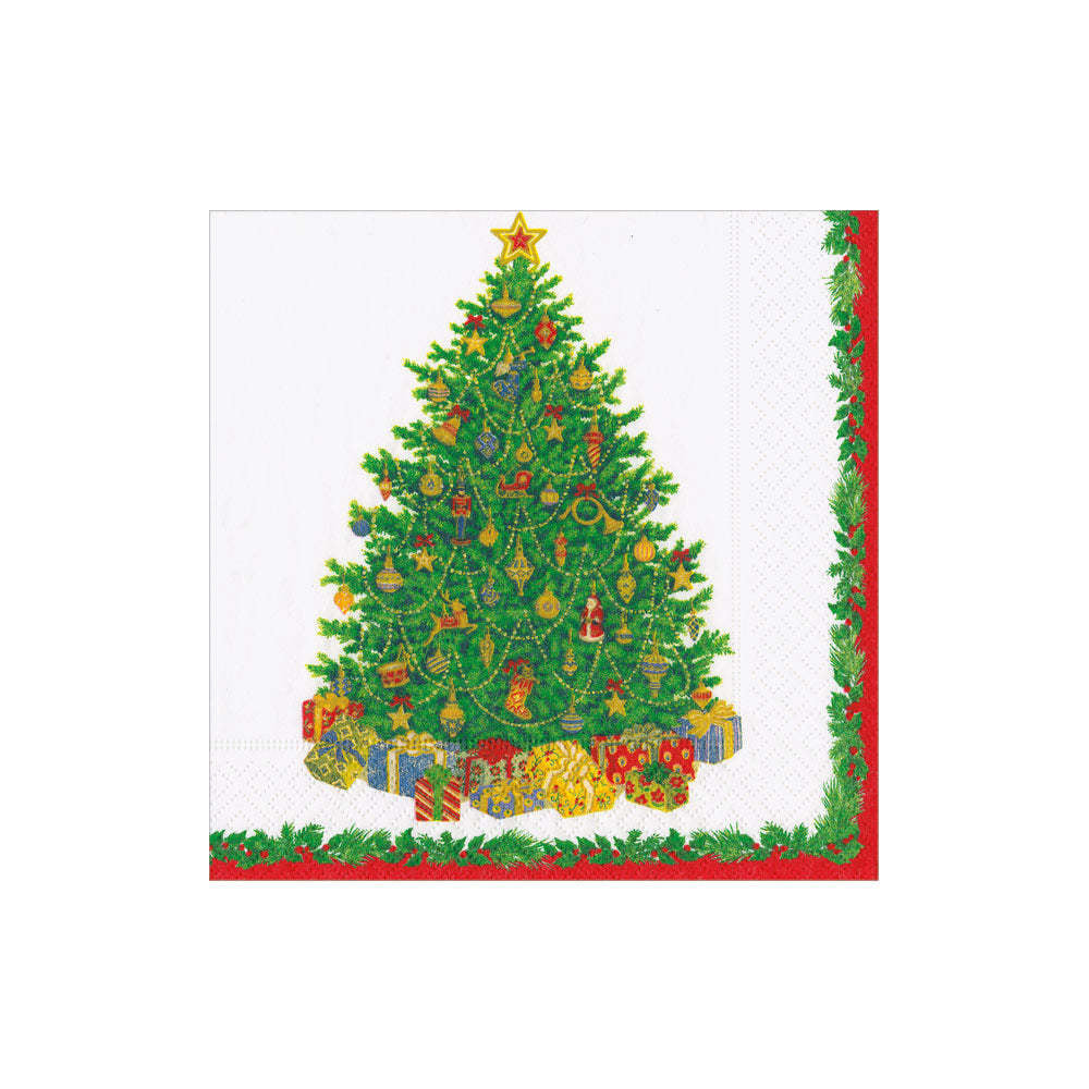 Triple-ply cocktail napkins featuring a festive Christmas tree print on white paper.