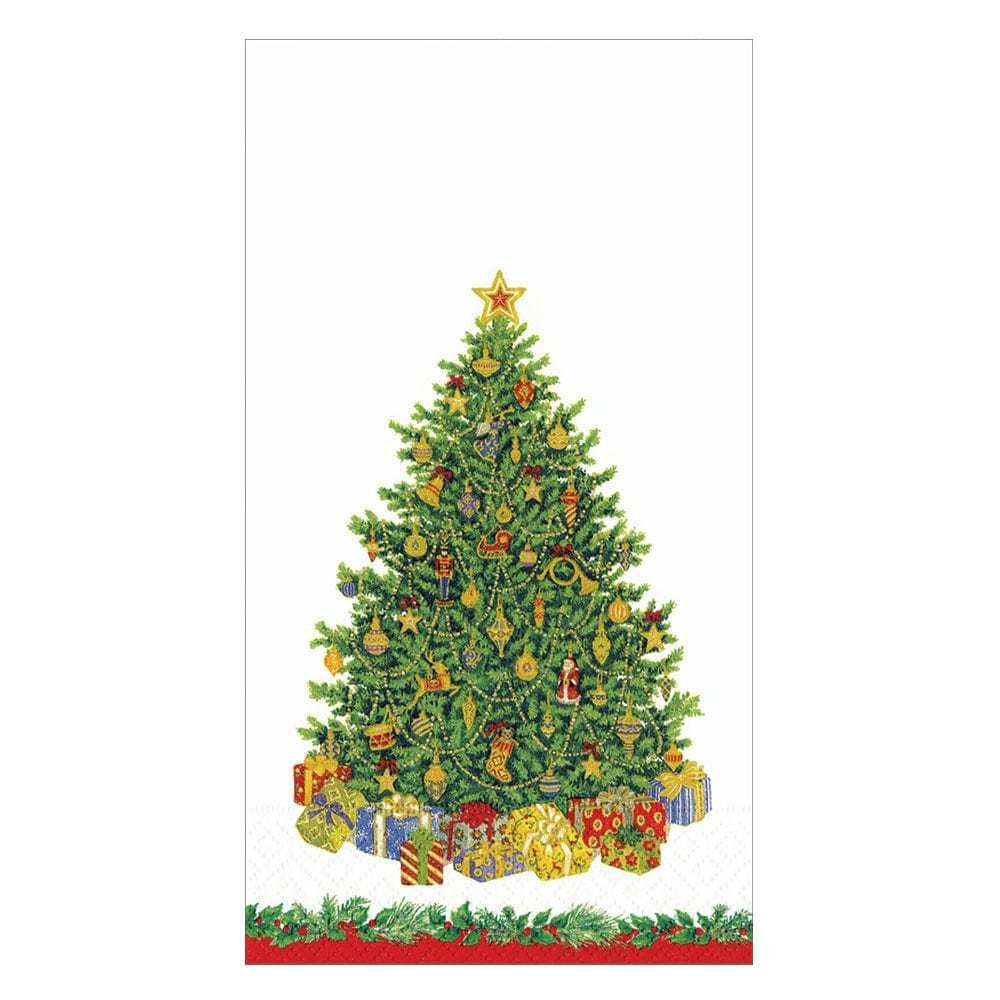 Triple-ply Christmas tree guest cocktail napkins with festive green pattern printed in Germany.