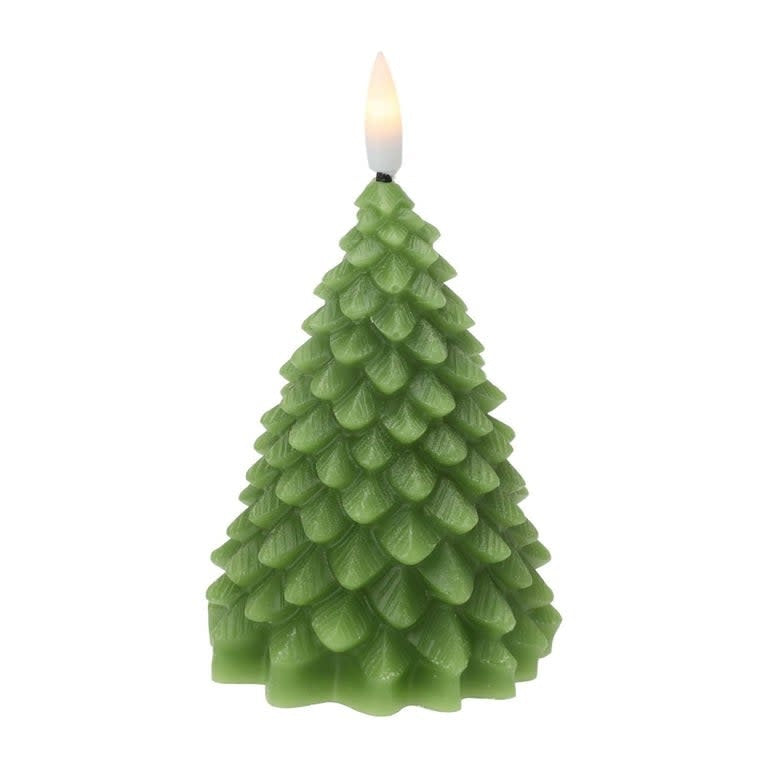 Green 11cm Christmas tree-shaped LED candle with a realistic textured pine needle design.