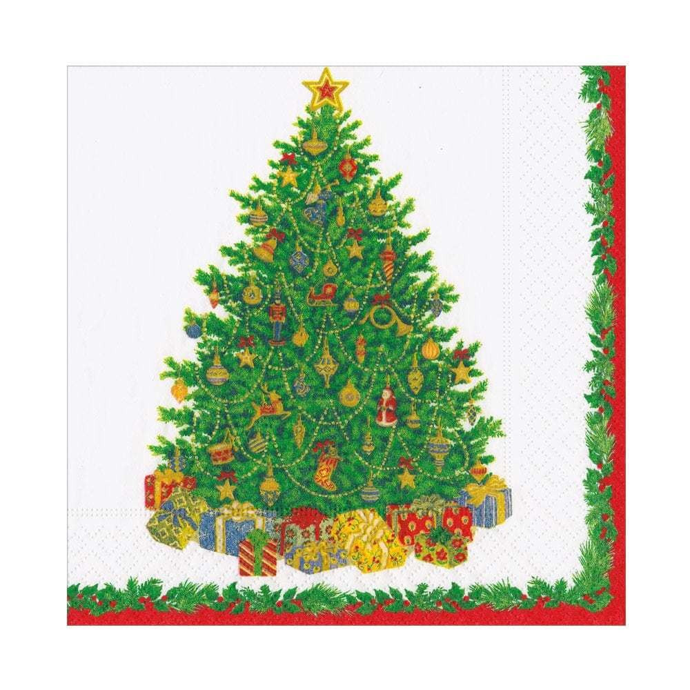 Pack of triple-ply Christmas tree luncheon napkins with green pine pattern.
