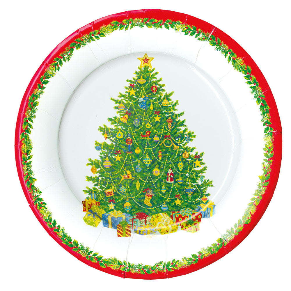 Pack of eight square paper plates with a green Christmas tree printed on white porcelain-style dinnerware.