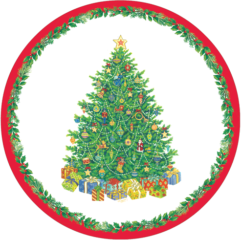 Square Christmas tree paper plates with green foliage patterns resembling porcelain dinnerware.