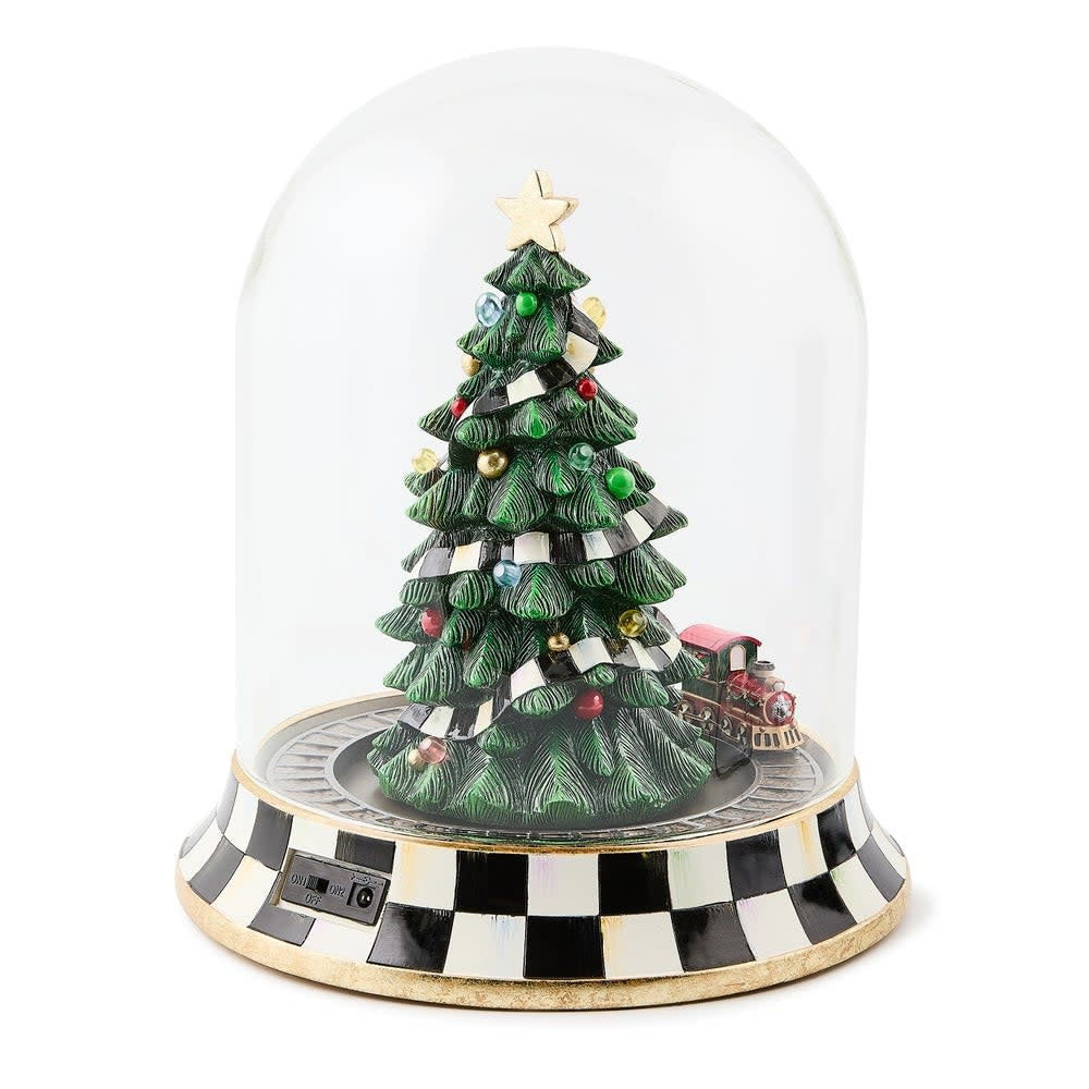 Resin Christmas tree train music box cloche with festive decorations