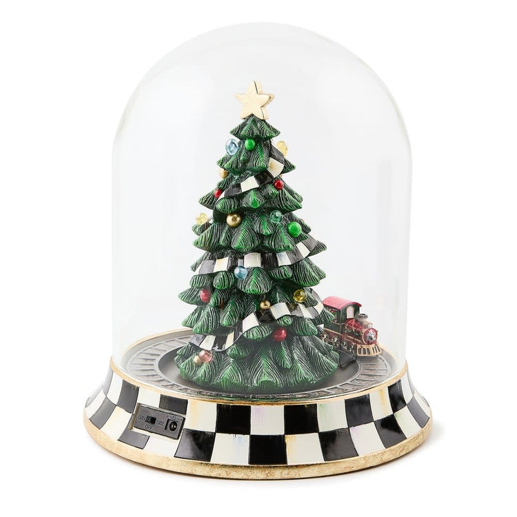 Resin Christmas tree train music box cloche with festive decorations