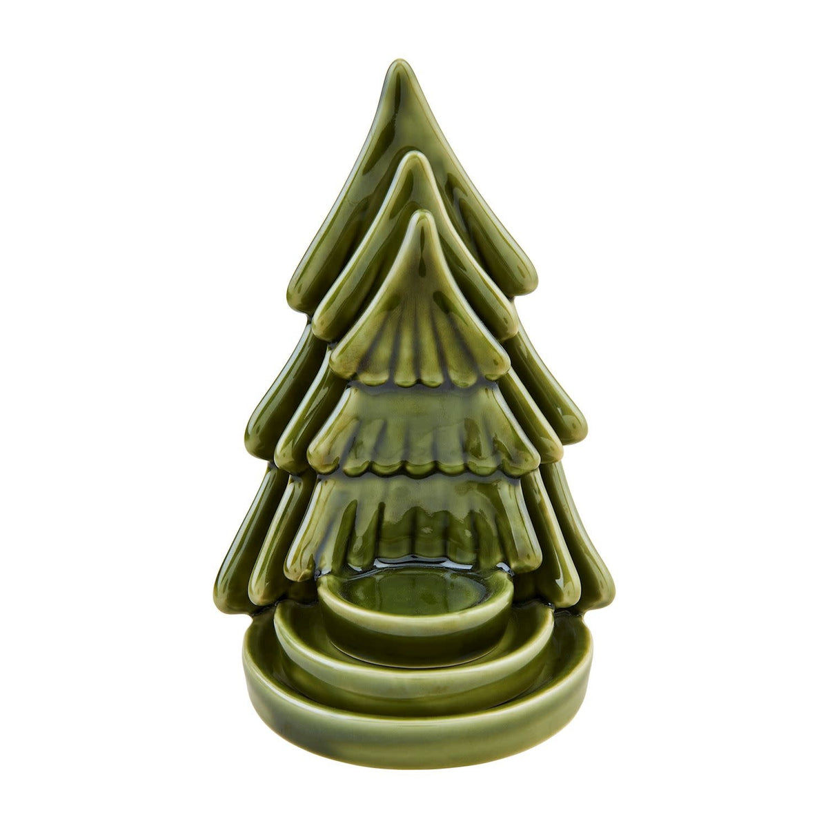 Set of three hand-painted green stoneware Christmas tree votives with tea light plates.