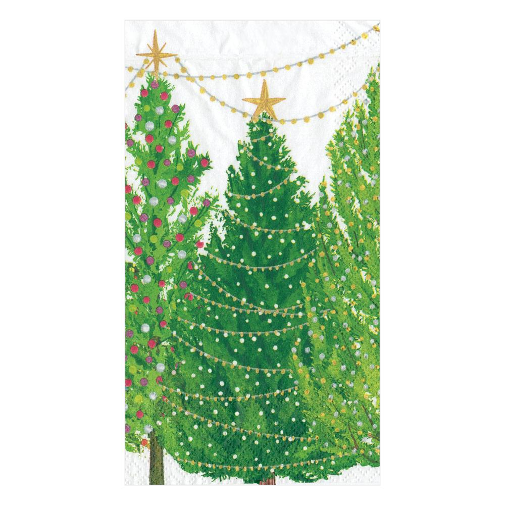 Triple-ply guest towel napkin featuring a festive Christmas tree design with lights and stars.