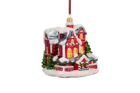 Hand-painted blown glass Christmas villa ornament in red with white roof details.