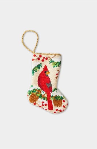 Hand-stitched red cardinal needlepoint stocking with velvet backing