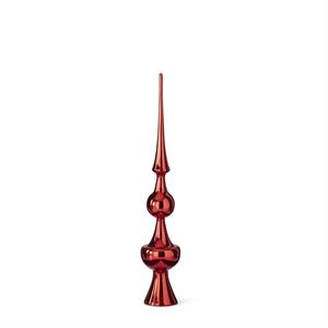 Red glass tree topper with a finial top in a classic cone silhouette.
