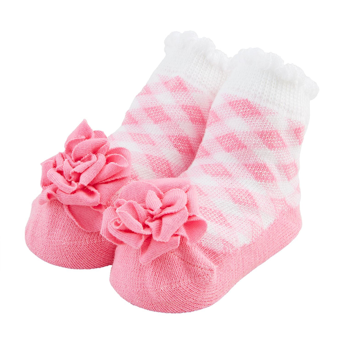 Infant gingham flower socks made from cotton blend fabric with a floral pattern.