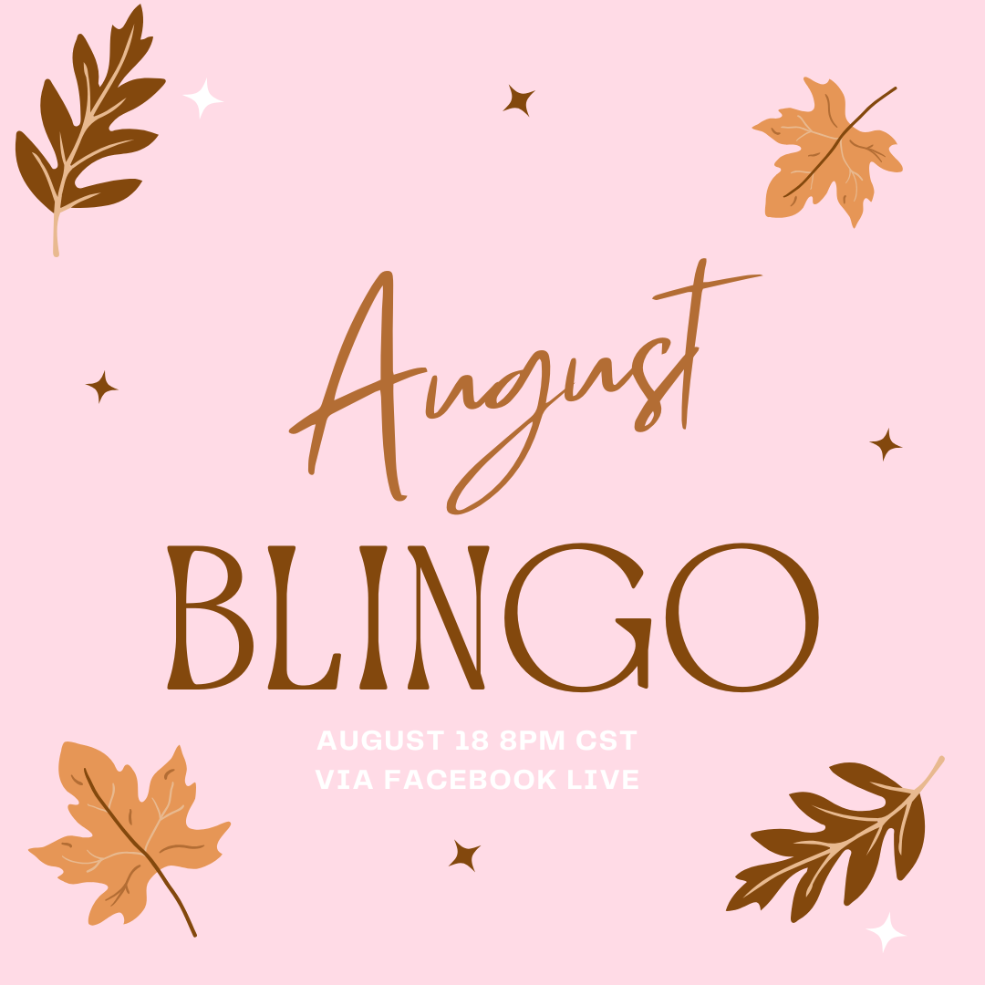 August BLINGO flyer with fall leaves, scheduled for August 18 at 8PM CST via Facebook Live.