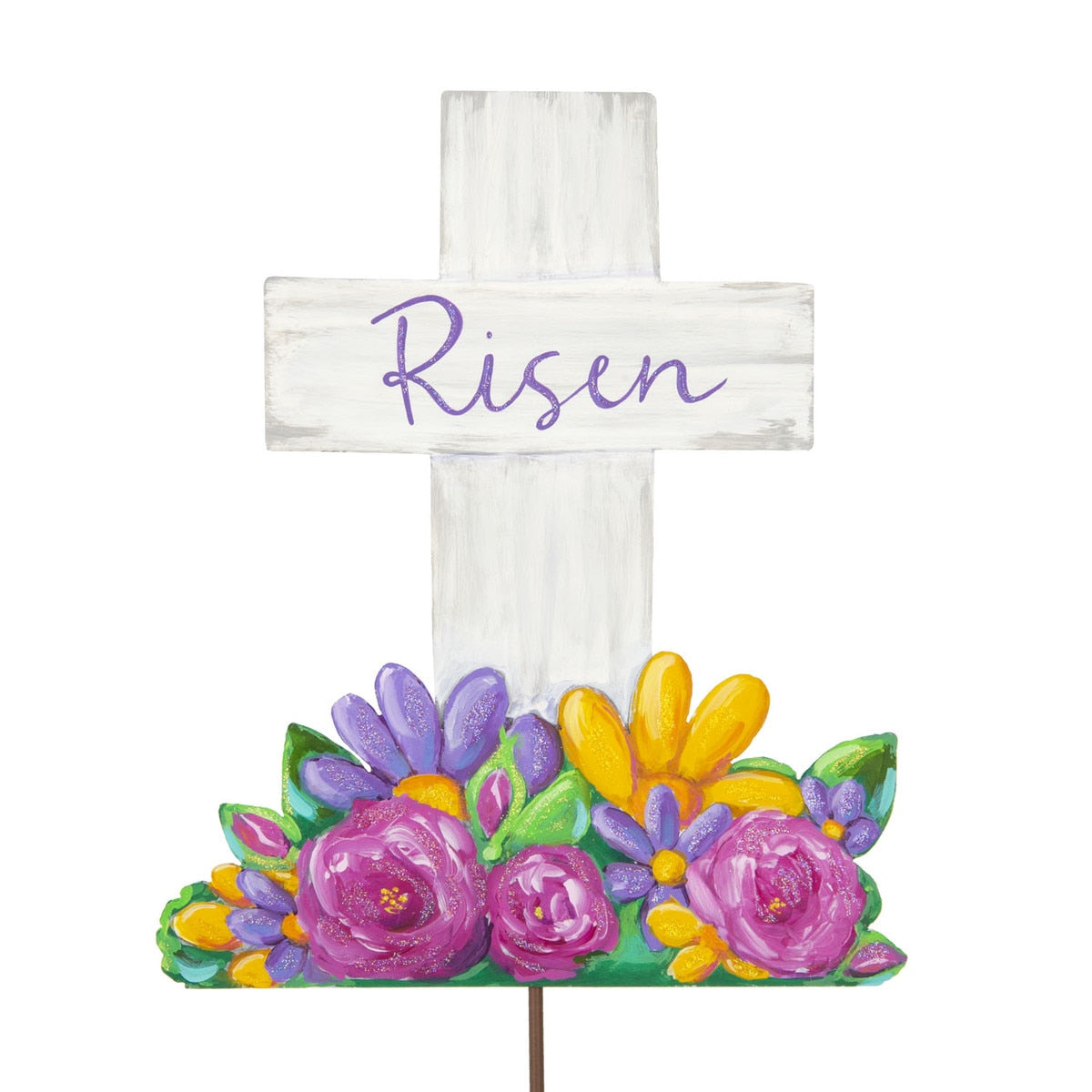 Artful Risen Cross & Flowers metal wall art featuring a cross surrounded by floral motifs in earthy tones.