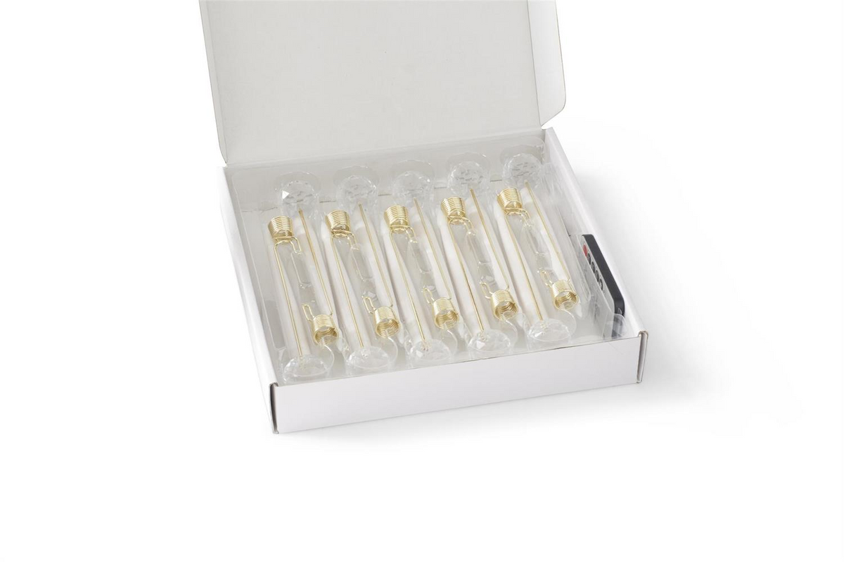Set of 6 glass pendant hanging white LED candle ornaments with remote in a white box.