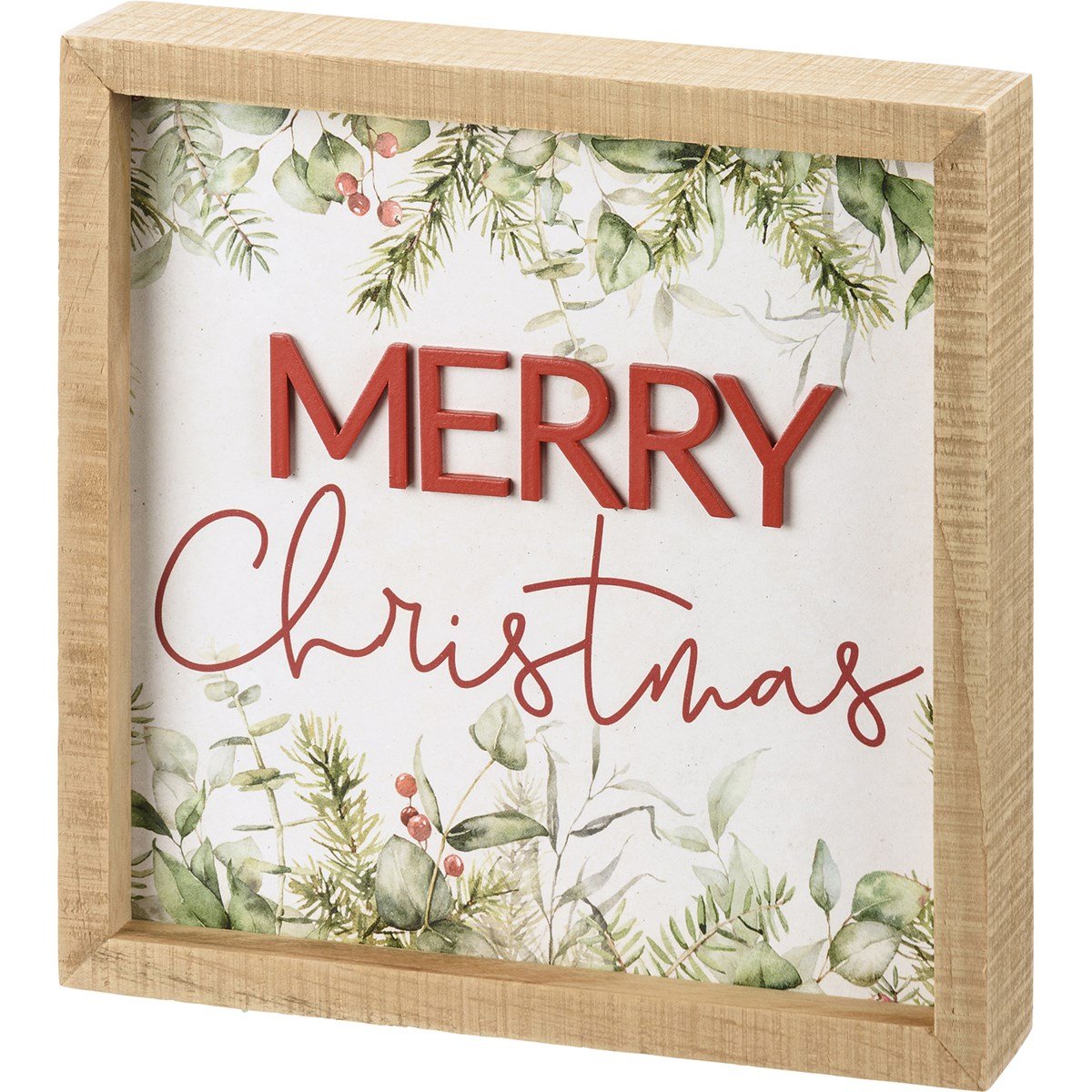 Inset wooden box sign with a Merry Christmas message in red lettering on white paper.