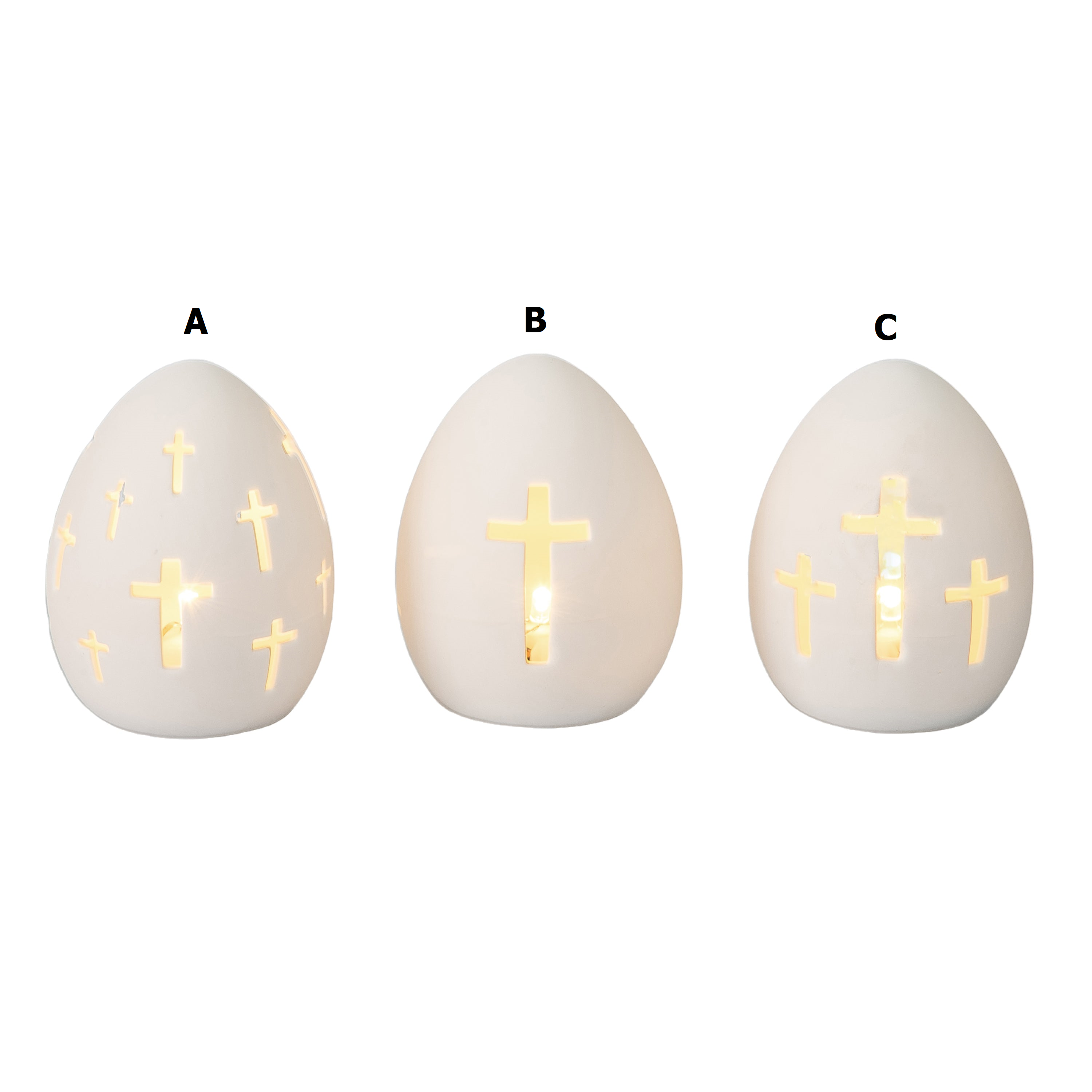Cer LED Cross Eggs in white ceramic with a cross cutout pattern.