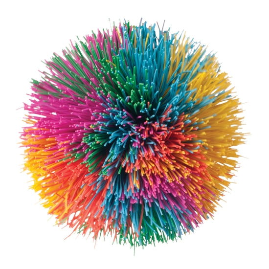 Colorful rainbow pom ball with soft, squishy rubber strands in pink, blue, green, and yellow.