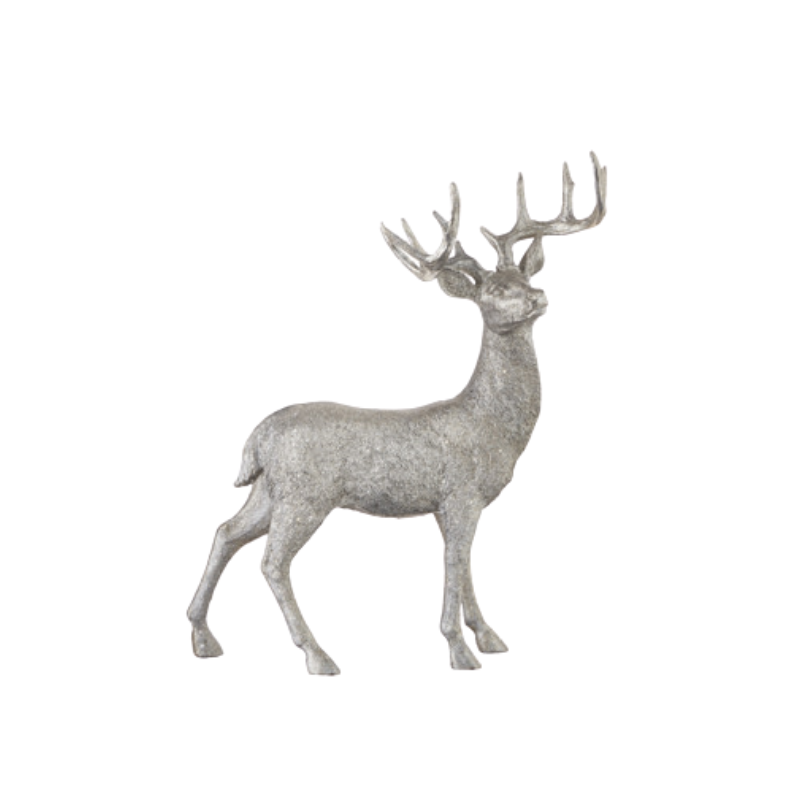 21-inch silver resin deer tabletop decoration with large antlers standing on a white background.