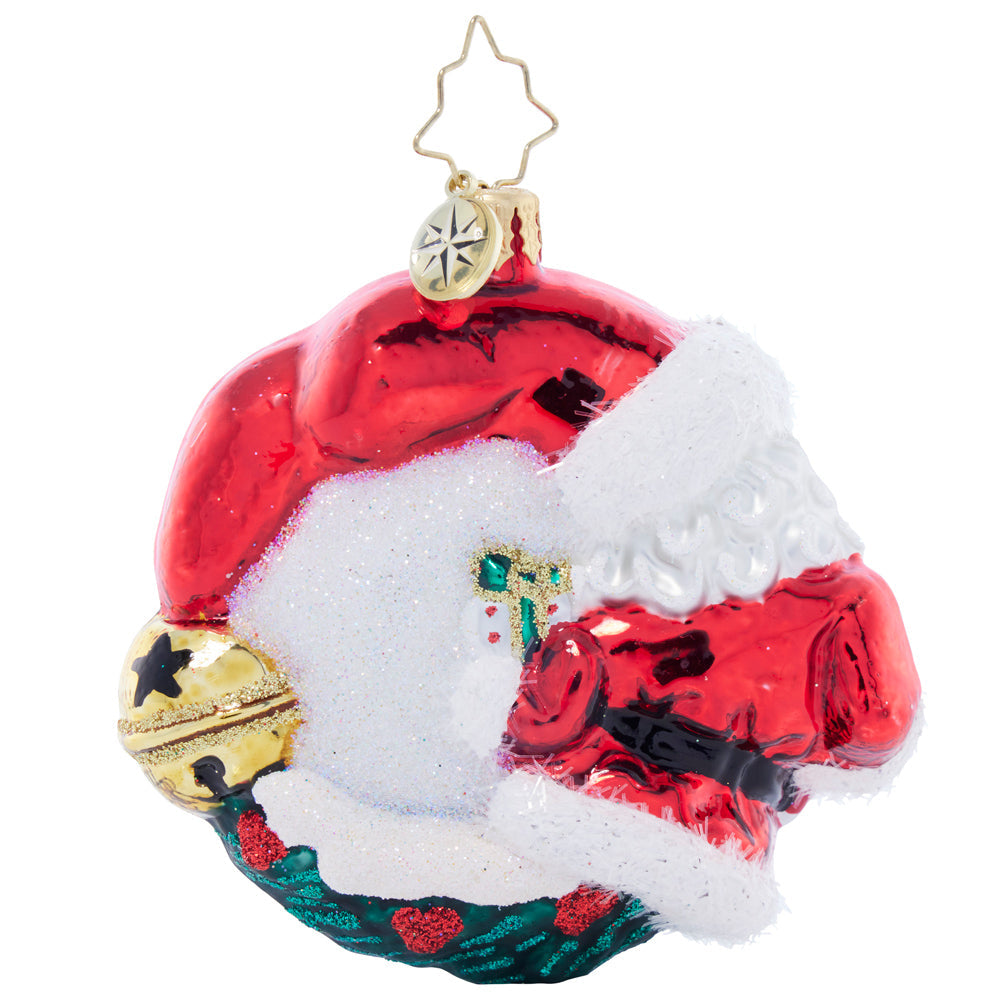 Christmas Wishes Santa Wreath Gem glass ornament featuring Santa's face and a gold jingle bell.