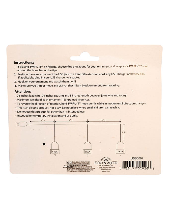 Back of packaging for USB Twirl-It Triple Ornament Spinner with instructions and diagram.
