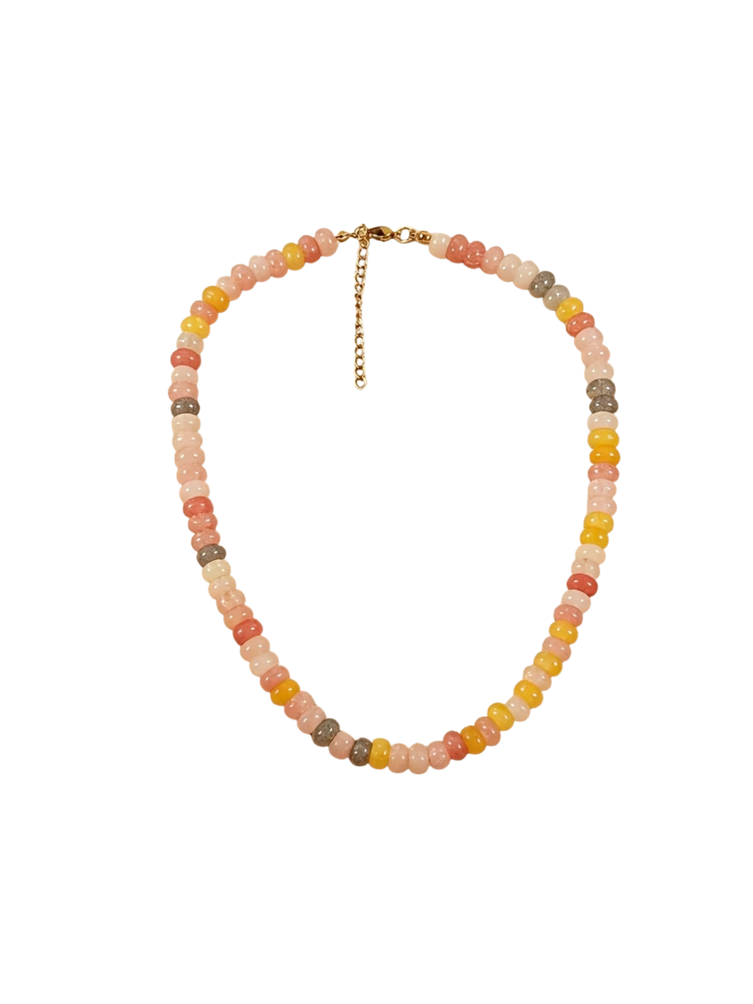 Glass beaded necklace with round beads in shades of pink, orange, yellow, and grey on a gold chain.