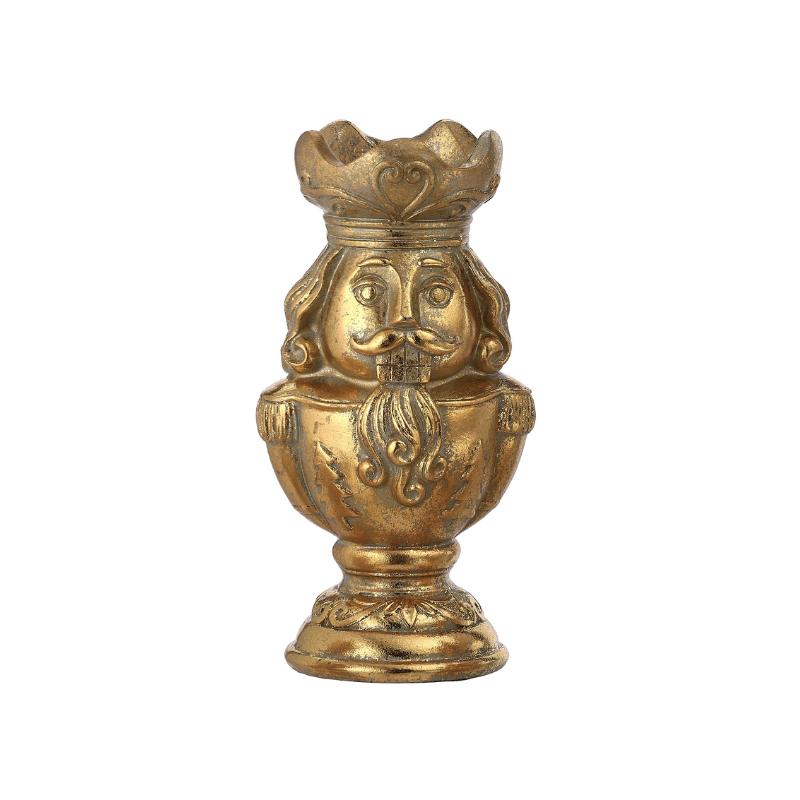 6-inch gold resin nutcracker bust on a pedestal with a crown and mustache.