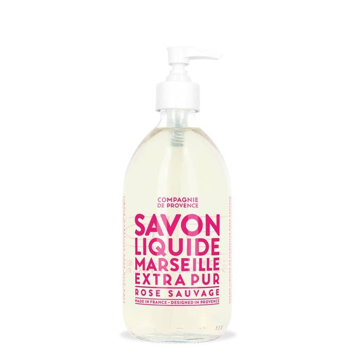 Glass pump bottle of Liquid Marseille soap in Wild Rose scent with botanical oils
