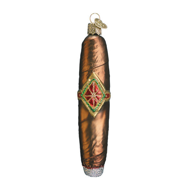 Hand-painted glass cigar ornament with silver interior, colorful lacquer glitters, and a cylindrical silhouette.