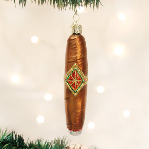 Hand-painted glass cigar ornament with silver interior and colorful lacquer glitters
