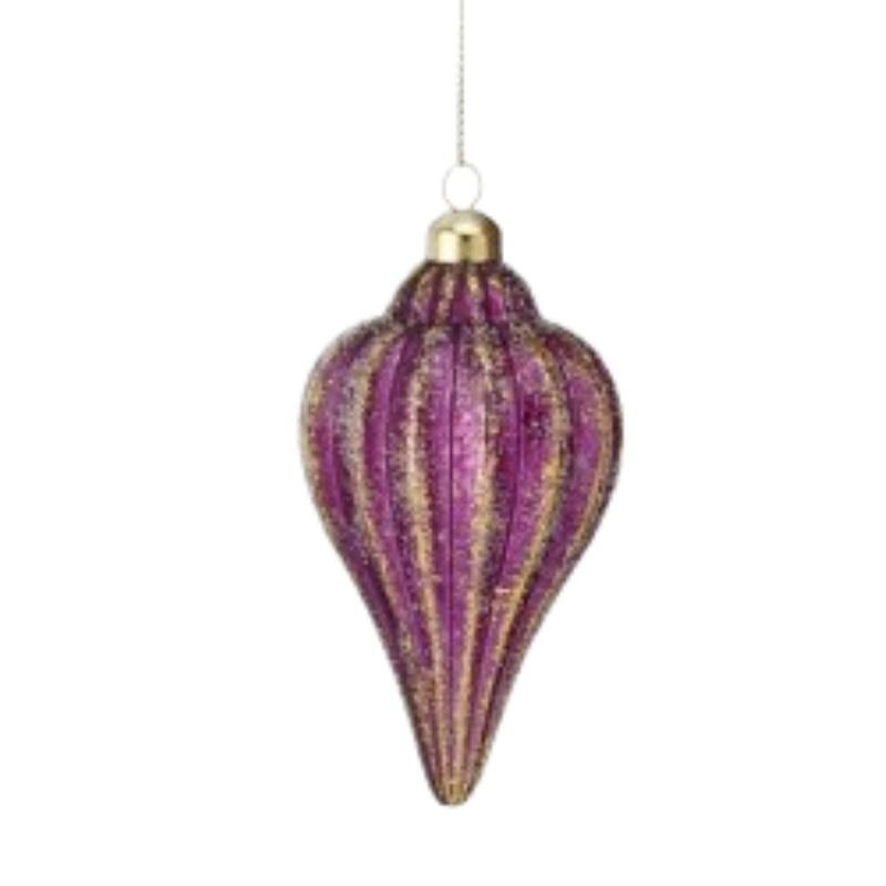 5-inch purple glass finial ornament with vertical gold glitter stripes and a gold cap.