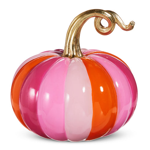 10.5 inch resin pumpkin with glossy pink and orange vertical stripes and a metallic gold stem.