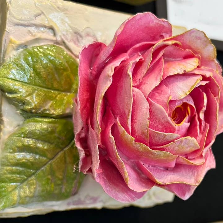 4x4 inch square clay artwork featuring a rose with textured petals in earthy tones.