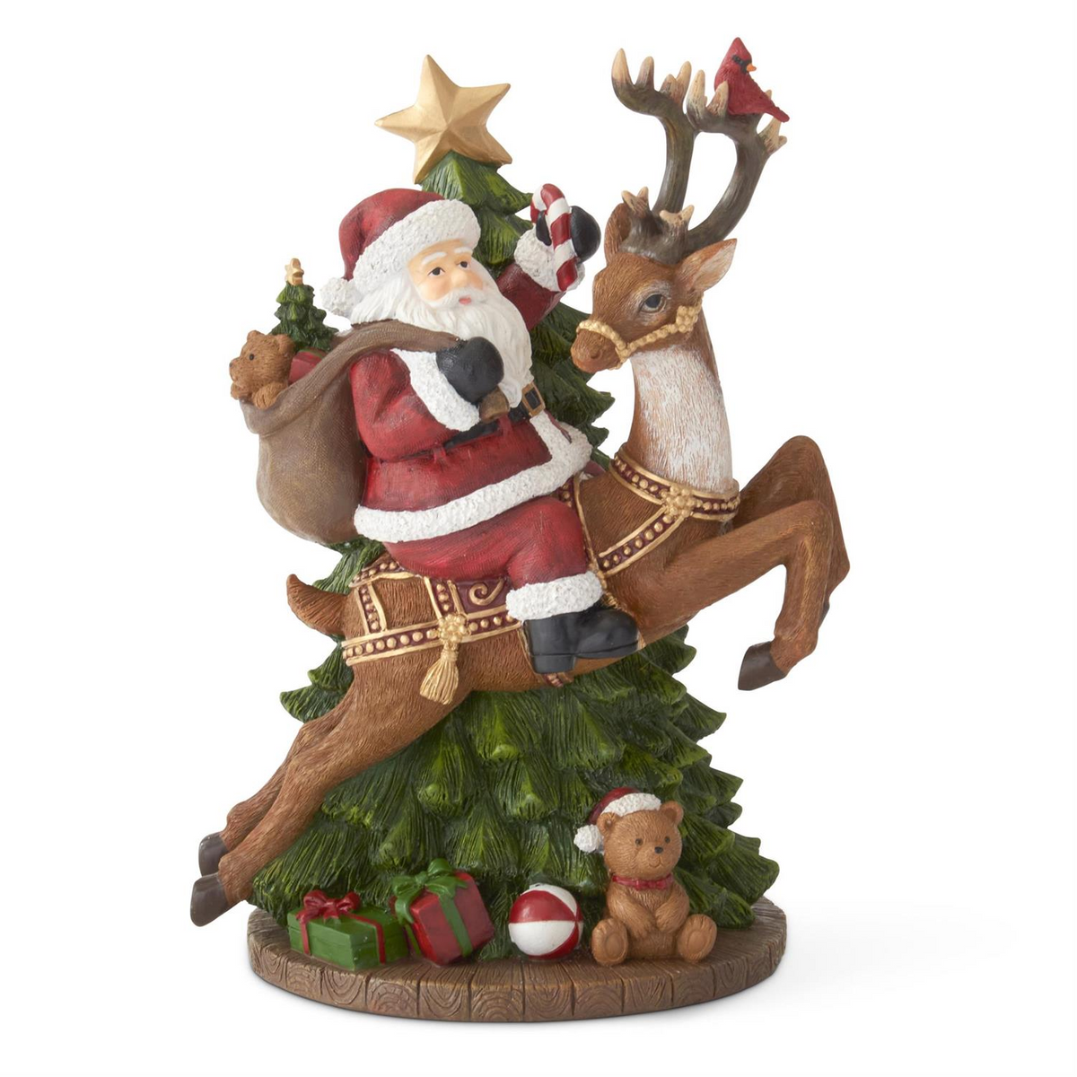 12.5-inch Santa figurine riding a reindeer with a sack of toys in front of a decorated tree.