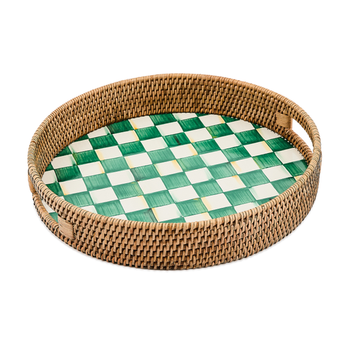 Round serving tray with hand-painted emerald check pattern on steel base and woven rattan rim