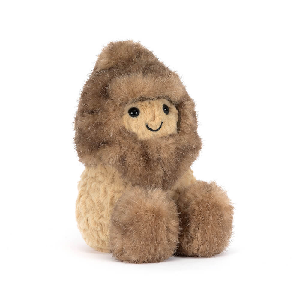 Plush peanut toy wearing a fuzzy brown yeti outfit with a hood and furry feet.