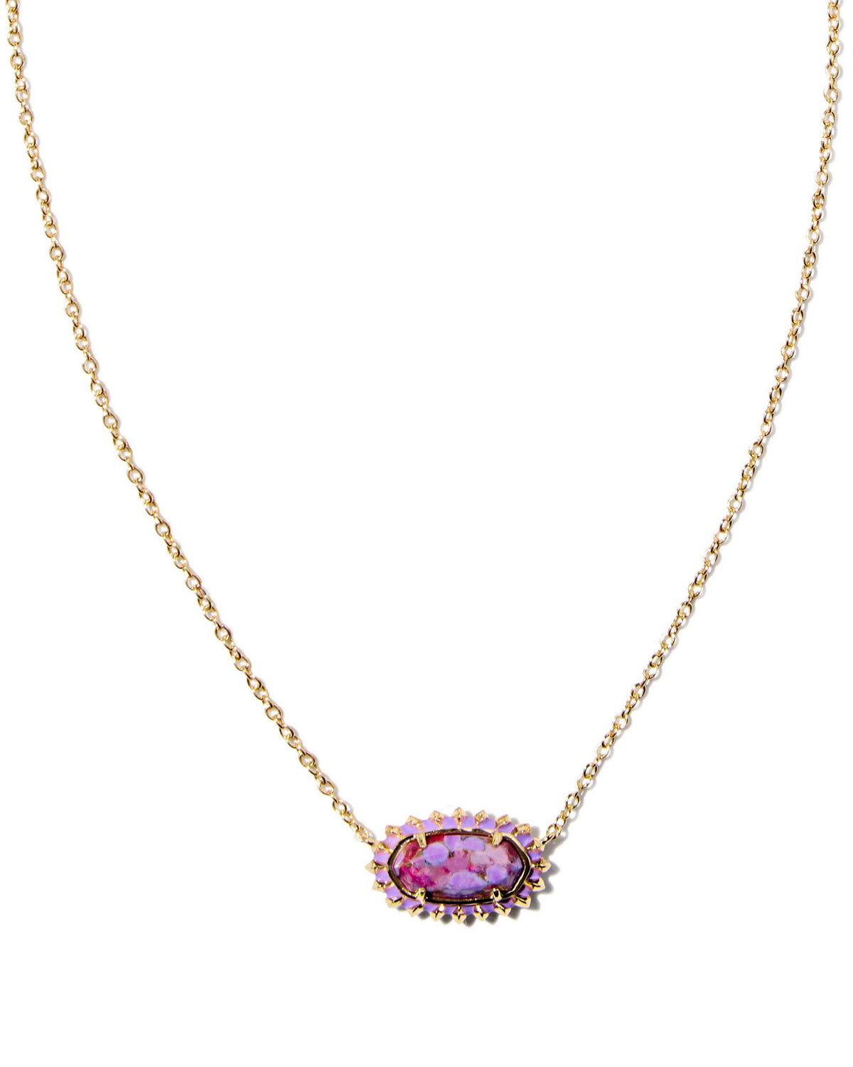 Reversible Elisa Color Burst Frame short necklace with sunburst metal and enamel pendant on a chain.