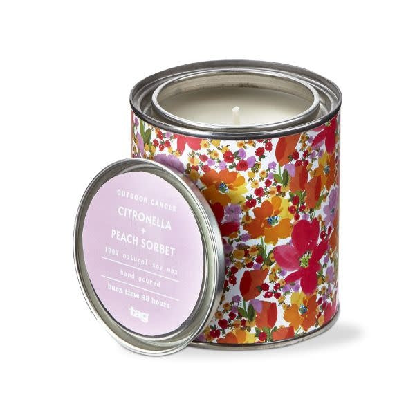 Peach Sorbet citronella candle in a lidded metal tin with exclusive artwork.