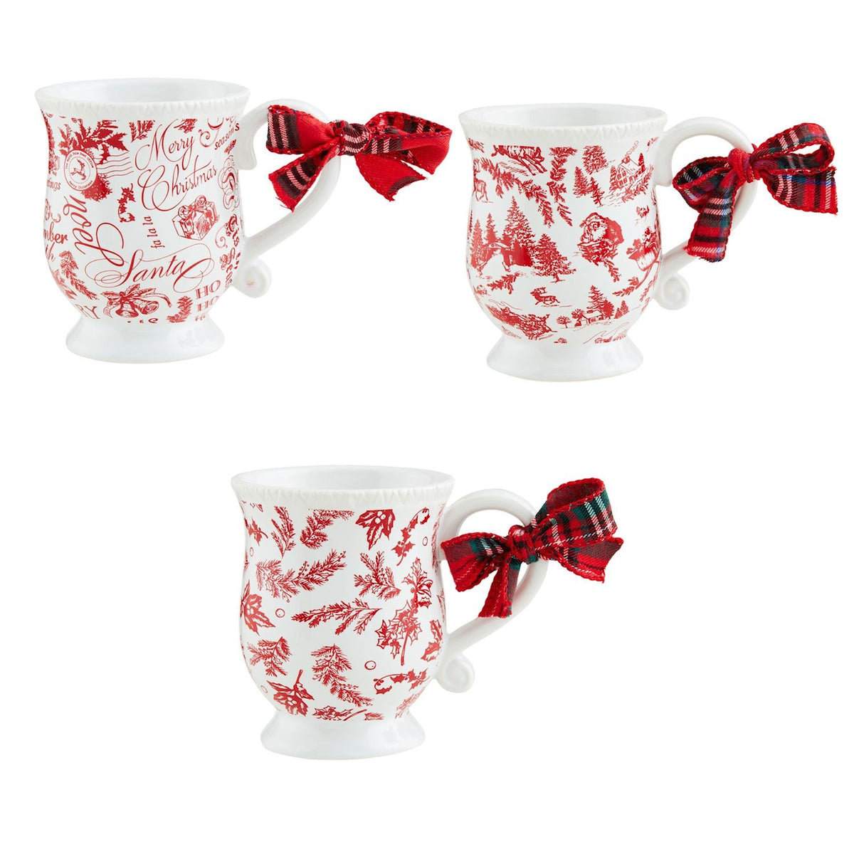 Three white ceramic mugs with red Christmas designs and plaid bows.