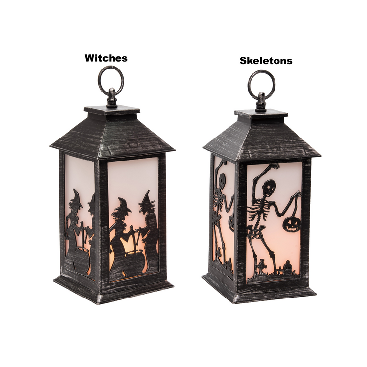 Two black vintage-style Halloween lanterns with silhouettes of witches and skeletons.