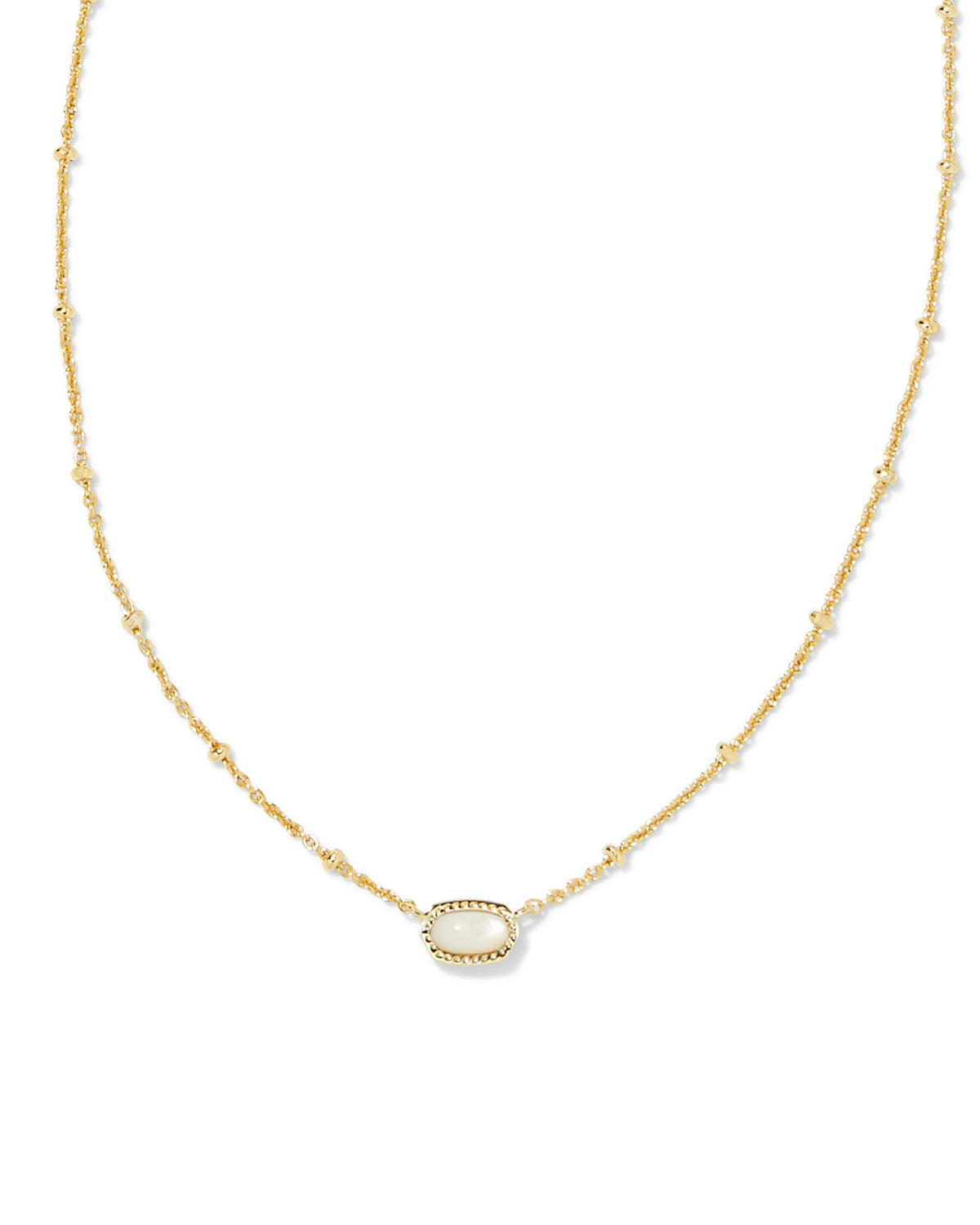 Mini Elisa Satellite Short Pendant Gold Necklace with a small oval white stone on a beaded chain.