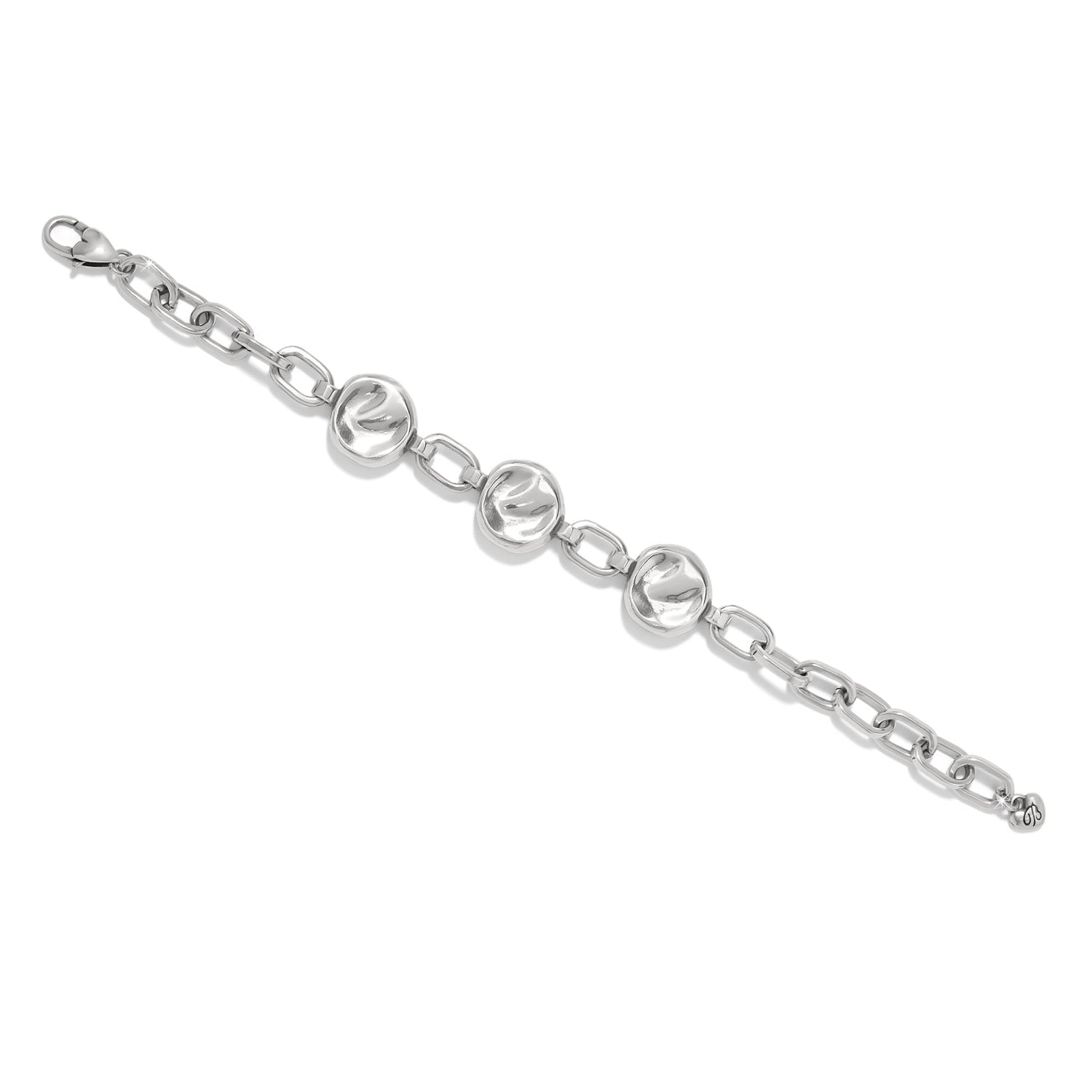 Silver Cascade Round Bracelet with three hammered circular links and an adjustable chain.
