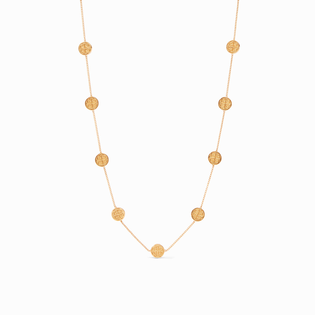 Gold-plated necklace with nine delicate coin stations on a fine adjustable chain.